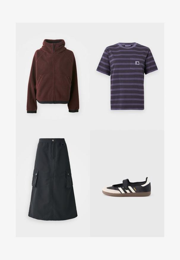 Burgunderfarbene Fleecejacke mit Kapuze, Frontreißverschluss, seitlichen Taschen und schwarzem elastischem Saum an den Bündchen und am unteren Saum. Strukturiertes Oberflächenfinish.; Lila gestreiftes T-Shirt mit einer Tasche auf der linken Brust, versehen mit horizontalen schwarzen Streifen. Weiches Material, kurze Ärmel, Rundhalsausschnitt.; Schwarzer Mid-Calf-Rock aus leichtem Stoff, mit elastischem Bund, zwei Cargo-Taschen und einem dezenten Glanz.; Schwarzer und beiger Sneaker mit Klettverschluss, drei weißen Streifen an der Seite und einer strukturierten braunen Gummisohle. Markenlogo sichtbar.