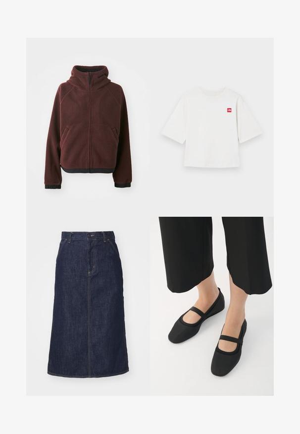 Bordeaux fleece jack met een capuchon, voorrits, zijzakken en zwarte elastische afwerking bij de mouwen en onderzoom. Getextureerde oppervlaktetextuur.; Witte T-shirt met korte mouwen, gemaakt van katoen. Heeft een klein rood vierkant logo op de linkerborst. Recht gesneden. Zachte textuur.; Donkere spijkerrok met een hoge taille, recht gesneden, voorzakken en gestikte naden. Voorzien van een rits en knoopsluiting op de taille.; Zwarte ballerina's van glad materiaal, met een ronde neus en een contrasterende band over de wreef. Plat zool, minimalistisch ontwerp.