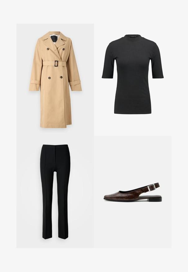 Beige Trenchcoat mit doppelt geknöpftem Verschluss, tailliertem Gürtel und Reverskragen. Verfügt über gekrempelte Ärmel und eine glatte Textur.; Schwarzes geripptes T-Shirt mit hohem Hals und kurzen Ärmeln. Glattes, figurbetontes Design ohne Muster oder sichtbare Hardware-Details.; Schwarze Hosen mit taillierter Passform, die eine glatte Textur, ein gerades Bein-Design und subtile Nahtdetails an der Vorderseite aufweisen.; Dunkelbrauner Lederslingback-Flachschuh mit quadratischer Spitze, Krokodillederstruktur und silberner Schnalle am Riemen.