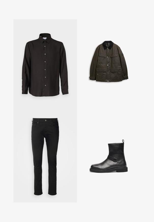 Chaqueta de manga larga verde oscuro con collar de pana negra, cuatro bolsillos frontales con solapa, botones a presión y puños ajustables.; Camisa negra de manga larga hecha de una tela suave, con un cierre frontal de botones, collar puntiagudo y dobladillo redondeado con botones en contraste.; Jeans de algodón negro con corte recto, que cuentan con un cierre de botón en la parte frontal, pasadores de cinturón y bolsillos estándar con una textura suave.; Botín de cuero negro hasta el tobillo con un tacón bajo, correa decorativa con acentos metálicos y tirador en la parte posterior contra un fondo blanco.