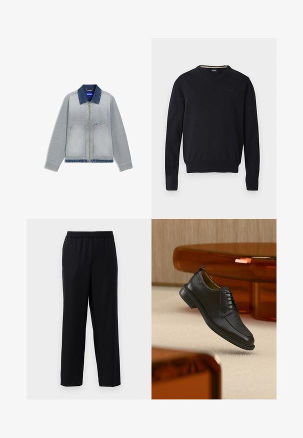 Veste en denim bleu clair avec un col bleu foncé, une fermeture éclair, deux poches avant, un ourlet droit et des accents de tissu contrastants.; Pull noir à col en V en tissu tricoté doux. Caractéristiques : manches longues, poignets et ourlet côtelés, avec un détail de logo embossé sur la poitrine.; Pantalons noirs avec une taille élastique, design à jambes droites et un tissu lisse et léger. Pas de poches visibles ni de motifs.; Chaussure habillée noire en cuir à lacets avec devant texturé, flottant au-dessus d'un tapis beige dans une pièce moderne avec des meubles teintés d'ambre.