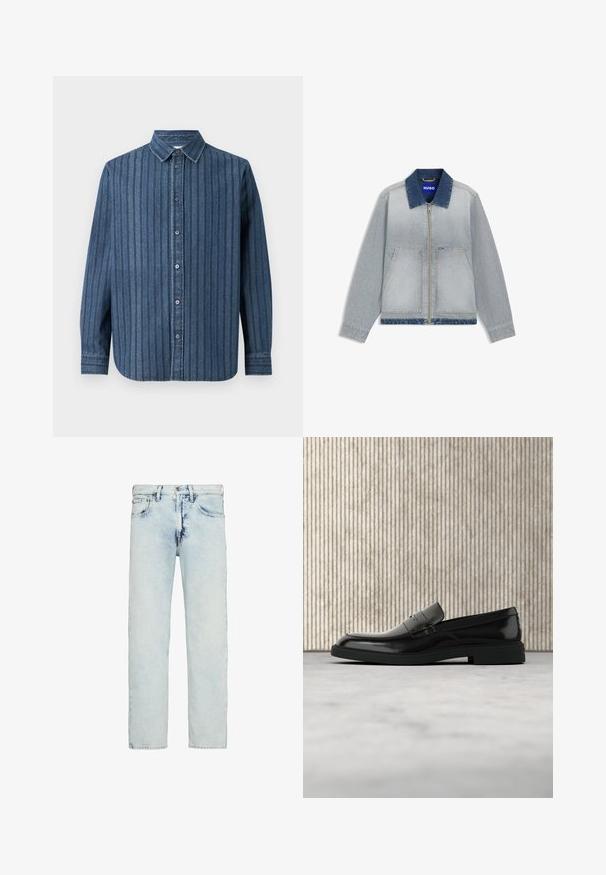 Veste en denim bleu clair avec un col bleu foncé, une fermeture éclair, deux poches avant, un ourlet droit et des accents de tissu contrastants.; Samsøe Samsøe SADAMON SHIRT - Chemise - denim; Jean bleu clair taille haute à jambes droites avec un léger effet délavé et une fermeture avant à bouton et fermeture éclair.; Mocassin en cuir noir poli flottant au-dessus d'un tapis beige avec un mobilier translucide orange en arrière-plan.