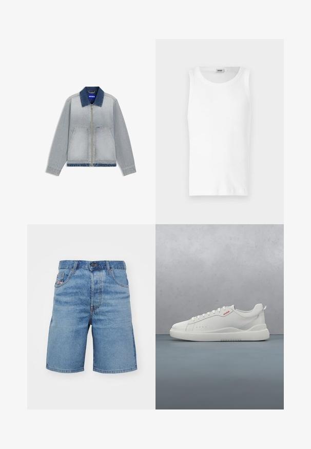 Veste en denim bleu clair avec un col bleu foncé, une fermeture éclair, deux poches avant, un ourlet droit et des accents de tissu contrastants.; Débardeur en coton blanc sans manches avec un col rond et une texture lisse. Design simple, sans motifs ni accents.; Shorts en denim bleu clair avec une coupe classique, un léger délavage, un design à cinq poches et des coutures couleur cuivre. Comprend une fermeture à bouton à l'avant.; Sneaker blanche avec une finition en cuir lisse, bout rond, quatre œillets, perforations subtiles et un détail de logo rouge sur le côté.