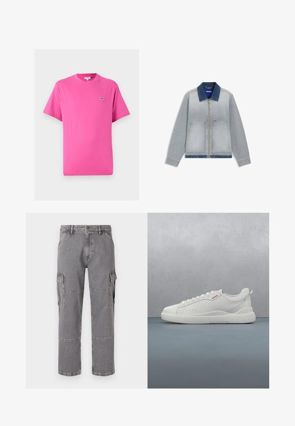 Hellblaue Jeansjacke mit dunkelblauem Kragen, Reißverschluss, zwei Fronttaschen, geradem Saum und kontrastierenden Stoffakzenten.; Kurzärmliges T-Shirt aus leuchtend pinkem Baumwollstoff, mit Rundhalsausschnitt und einem kleinen grünen Krokodil-Logo auf der linken Brust.; Graue Cargo-Hosen aus Denim-Stoff mit mehreren Taschen, geradem Beinchnitt und sichtbaren Nähdetails.; Weiße Sneaker aus glattem Leder, runde Spitze, vier Ösen, dezente Perforationen und ein rotes Logodetail an der Seite.