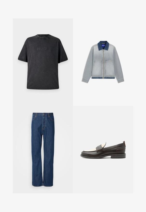 Hellblaue Jeansjacke mit dunkelblauem Kragen, Reißverschluss, zwei Fronttaschen, geradem Saum und kontrastierenden Stoffakzenten.; Schwarzes T-Shirt mit kurzen Ärmeln aus Baumwolle und rundem Ausschnitt. Mit eingeprägt "HUGO"-Logo auf der Vorderseite. Glatte Textur mit Nähten.; Blaue Jeans aus Denim mit geradem Bein, ausgestattet mit einem Knopfverschluss, fünf Taschen und kontrastierenden Nähten entlang der Säume.; Dunkelbrauner Herrenschuh aus Leder mit cremefarbenem Stoffpaneel und klassischem, genähtem Riemendetail, flacher Sohle und Zuglasche an der Ferse.