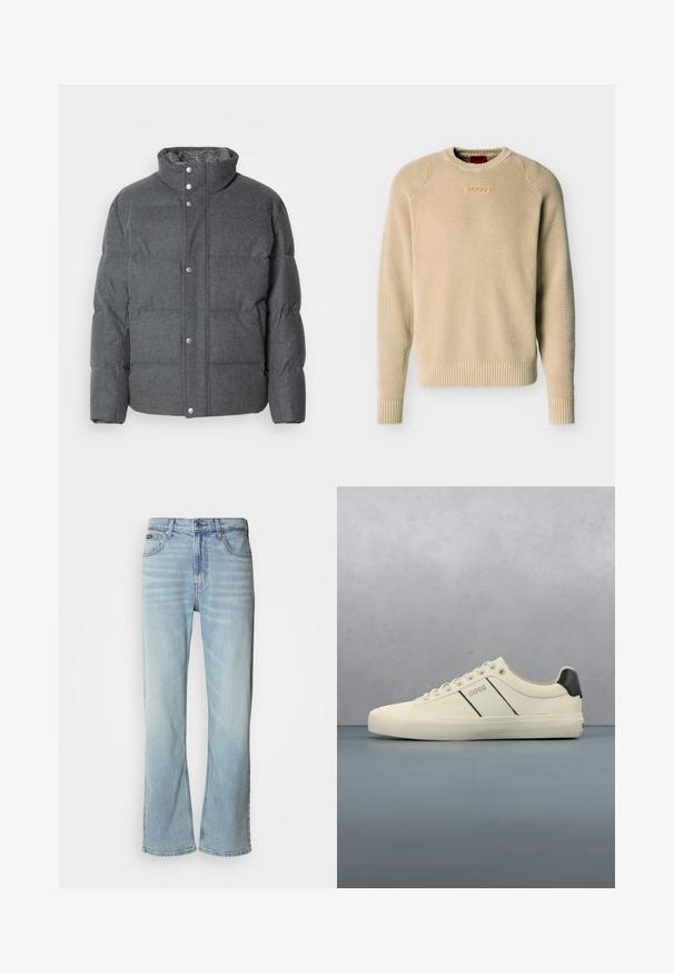 Chaqueta acolchada gris hecha de tela suave, con cuello alto, botones a presión y secciones acolchadas para aislamiento y textura.; Jersey de punto texturizado beige con mangas largas, puños y dobladillo acanalados, y un pequeño parche rectangular con el logo en el pecho.; Jeans de mezclilla azul claro con corte recto, que cuentan con cinco bolsillos, un cierre de botón y un ligero desvanecimiento en la tela.; Zapatillas de color crema con una textura suave, que presentan acentos y marcas en negro. Diseño clásico de cordones con punta redonda y suela de goma.