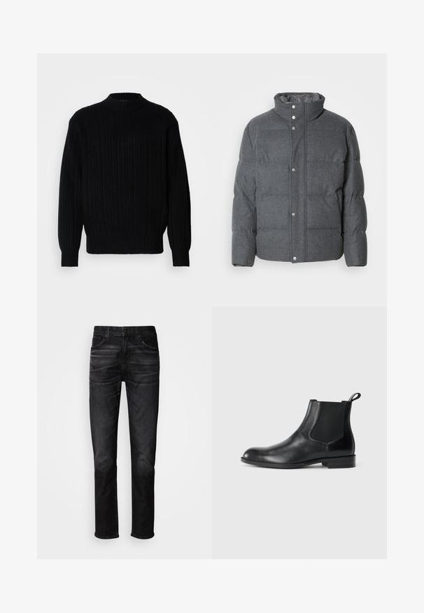 Grau gesteppte Daunenjacke aus weichem Stoff, mit hohem Kragen, Druckknöpfen und gesteppten Zonen für Isolierung und Struktur.; Schwarzer gerippter Strickpullover mit hohem Kragen, langen Ärmeln und lockerer Passform. Der Stoff zeigt ein strukturiertes Muster über die gesamte Oberfläche.; Schwarze Jeans aus Denim mit geradem Schnitt, fünf Taschen, dezentem Used-Look und Knopfverschluss. Klassischer Stil, geeignet für legere Trageanlässe.; Schwarze Leder-Stiefelette mit elastischen Seiteneinsätzen, abgerundeter Zehenpartie und einem Zugschlauf. Glatte Textur, flache Sohle, minimalistisches Design.