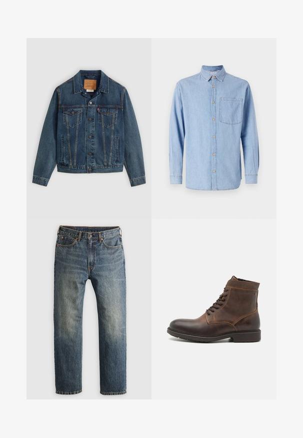 Dunkelblaues Denim-Jacket im klassischen Schnitt, mit Knopfverschluss, zwei Brusttaschen und markanter Naht entlang der Nähte.; Helles blaues Denimhemd mit Button-Down-Kragen, langen Ärmeln und einer einzelnen Brusttasche. Mit braunen Knopf-Details und kontrastierenden Nähten.; Blaue, ausgebleichte gerade geschnittene Jeans aus Denim mit Fronttaschen, Gürtelschlaufen, Knopf und Reißverschluss auf einem hellen Hintergrund.; Jack & Jones JFWDELANEY BOOT - Schnürstiefelette - cognac