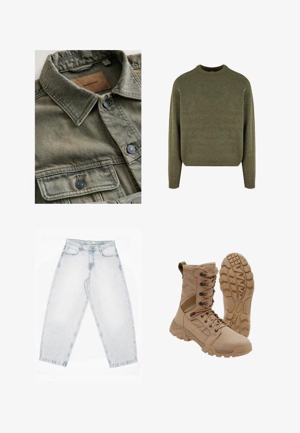 Olivengroen spijkerbroekoverhemd met een spitse kraag, dubbele borstzakken, zwarte knopen en een tanleren label met de tekst "DENIM SUPPLY".; Groen wollenblend trui met een ronde hals, ribbelmanchetten en -zoom, en een zachte, gestructureerde afwerking. Klassieke, relaxte pasvorm met doorhangende schouders.; Lichtgewassen spijkerbroek met een hoge taille, rechte, wijde pijpen, knoop- en ritssluiting en voor- en achterzakken.; Tan tactische laars met veterontwerp tot aan de enkel en stevige rubberen zool, één laars rechtopstaand en één die het profielpatroon toont.