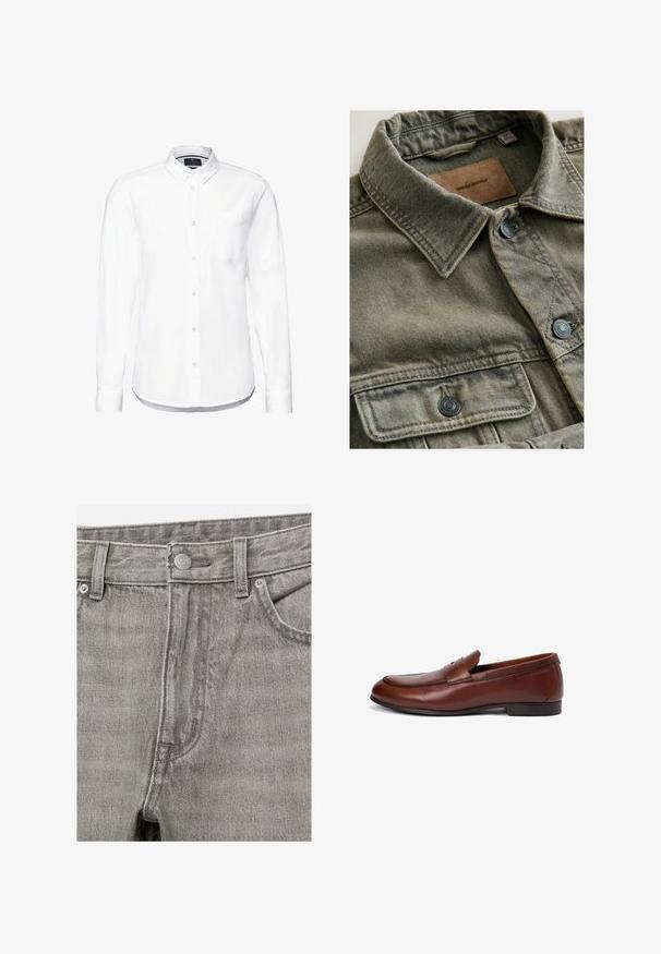Olivengrøn denimskjorte med spids krave, dobbelte brystlommer, sorte knapper og et tan-farvet læbermærke med teksten "DENIM SUPPLY".; Hvid langærmet skjorte lavet af bomuld, med krave der lukkes med knapper, forlommer og afrundet kant med knapmanchetter.; Grå denimjeans foran med knaplukning, bæltestropper og synlige forlommer.; Brun læderloafer med rundet tå, syninger og en lille toprem. Glat finish med lav, rektangulær hæl.