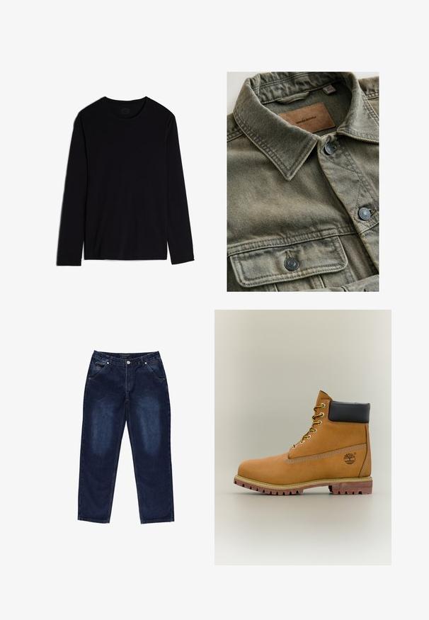 Olivgrünes Denim-Hemd mit spitzem Kragen, doppelten Brusttaschen, schwarzen Knöpfen und einem hellbraunen Lederetikett mit der Aufschrift "DENIM SUPPLY".; Schwarzes Langarmshirt aus weichem Stoff, mit rundem Ausschnitt und einem schlichten, nahtlosen Design. Keine sichtbaren Muster oder Akzente.; Dunkelblaue Jeans aus Denim mit geradem Schnitt, fünf Taschen und einem Knopfverschluss. Mit sichtbaren Nähten und dezentem Verblassen.; Brauner Leder-Stiefelette mit schwarzem Kragen, gelben Schnürsenkeln und hellbrauner Sohle. Verfügt über ein Logo und weiße Ziernähe. Robuste Profilsohle.