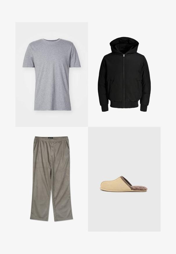 Sort hættejakke med frontlynlås, sidelommer og ribbestrikkede håndled og kant, vist på en hvid baggrund.; Grå, kortærmet t-shirt lavet af en bomuldsblanding, der har en klassisk crew neckline og en glat, blød tekstur.; Grå, vidde bukser lavet af blødt stof med en glat tekstur. Har en elastisk talje og to sidelommer.; Beige slip-on hjemmesko med brun kant og blødt pelsfor, flad sål og lukket tå, set fra siden på ensfarvet lyst baggrund.