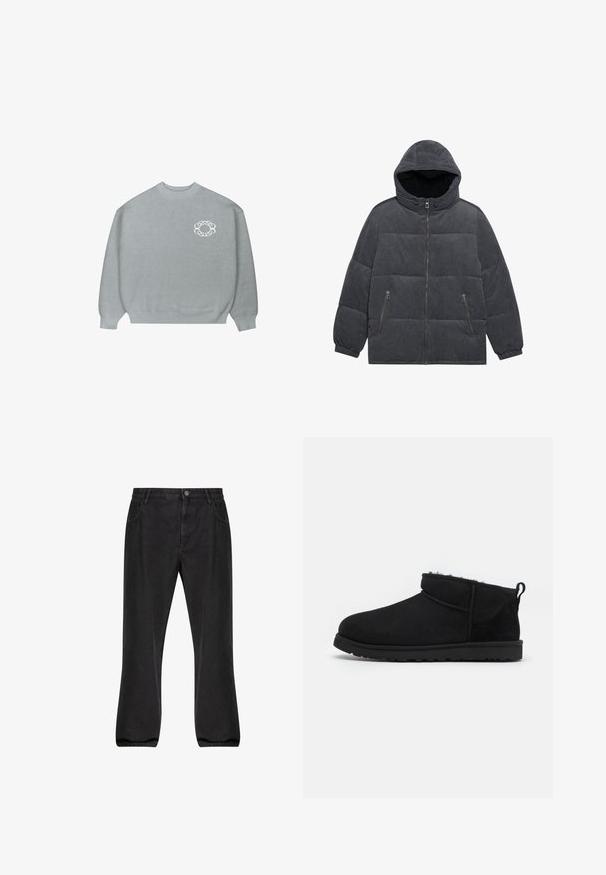 Grå velour pufferjakke med hætte, lynlåslukning foran og to sidelommer. Har et quiltet design og elastiske cuffs.; Lys grå crewneck sweater med ribbede manchetter og kant, med et lille hvidt kæde-link cirkulært logo på venstre bryst.; Sorte denimjeans med lige ben, fem lomme-design, knaplukning og en let falmet overflade.; Sorte ruskind ankelstøvler med en blød, tekstureret foring, lavprofilgummi sål og en løkke bagpå for nem påtagning.