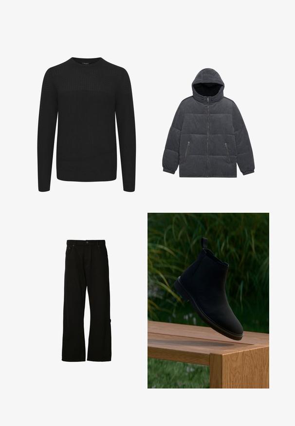 Grå velour pufferjakke med hætte, lynlåslukning foran og to sidelommer. Har et quiltet design og elastiske cuffs.; Sort strikket sweater med rund hals, der har et tekstureret øverste panel samt ribbede manchetter og kant. Fremstillet af et blødt og varmt stof.; Sorte, brede jeans lavet af bomuld. Har en knap- og lynlåslukning, fem-lomme design og en sidelomme med syning detaljer.; Sort Chelsea-støvle lavet af glat læder, med en trækflig, rund tå, elastiske sidepaneler og en lav hæl. Viset på en træoverflade.