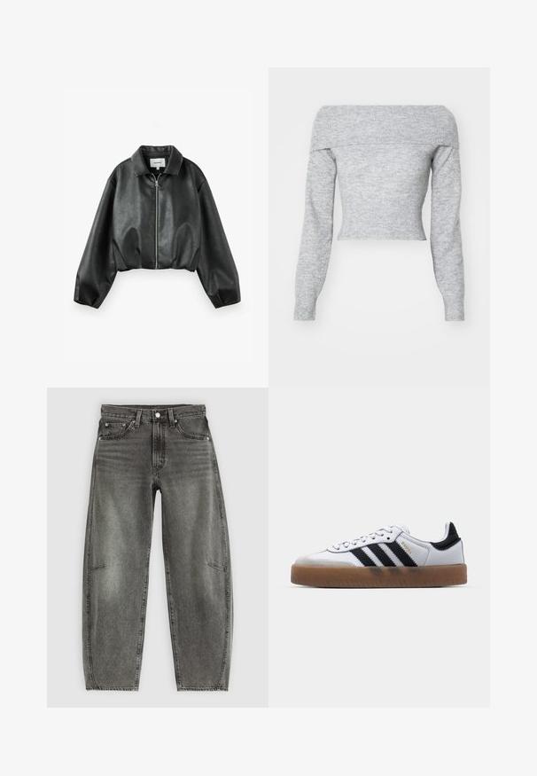 Chaqueta corta de cuero sintético negro con mangas largas, cuello y cierre delantero con cremallera plateada sobre un fondo blanco liso.; Weekday LOLO OFF SHOULDER - Jersey de punto - grey melange; Jeans de mezclilla gris deslavado de cintura alta con cinco bolsillos, cierre de botón y un corte recto relajado.; Zapatillas de cuero blancas con rayas negras, suela de goma, puntera redonda, cierre de cordones y caperuza de ante gris suave.
