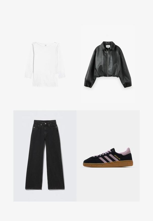Chaqueta corta de cuero sintético negro con mangas largas, cuello y cierre delantero con cremallera plateada sobre un fondo blanco liso.; Camiseta blanca de manga larga con un cuello amplio y redondeado y un cuerpo ajustado. Presenta un dobladillo recto y sin adornos, y tiene una textura suave y lisa.; Vaqueros negros de tiro alto y pierna ancha con cierre delantero de botón y cremallera, trabillas para cinturón y cinco bolsillos delanteros sobre un fondo claro.; Zapatilla de ante negra y rosa con suela de goma, tres rayas rosas, branding dorado "SPEZIAL" y suela de goma texturizada. Diseño de corte bajo.
