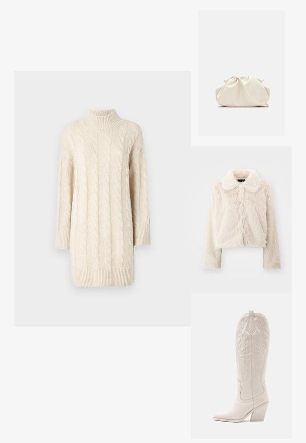 Veste en fourrure coupée de couleur crème avec une finition douce et texturée. Présente un col classique et de longues manches, des coutures centrales à l'avant, et aucun système de fermeture visible.; Pull en tricot torsadé crème avec un col haut, des manches trois-quarts et un ourlet côtelé. Présente des motifs texturés et une coupe ample.; Bottine de cowboy en cuir blanc avec un bout pointu et un talon bloc. Présente des motifs de broderie complexes sur la tige et une texture lisse.; Pochette en cuir souple couleur crème avec un design froncé et une fine bandoulière reposant à l’avant sur un fond uni.