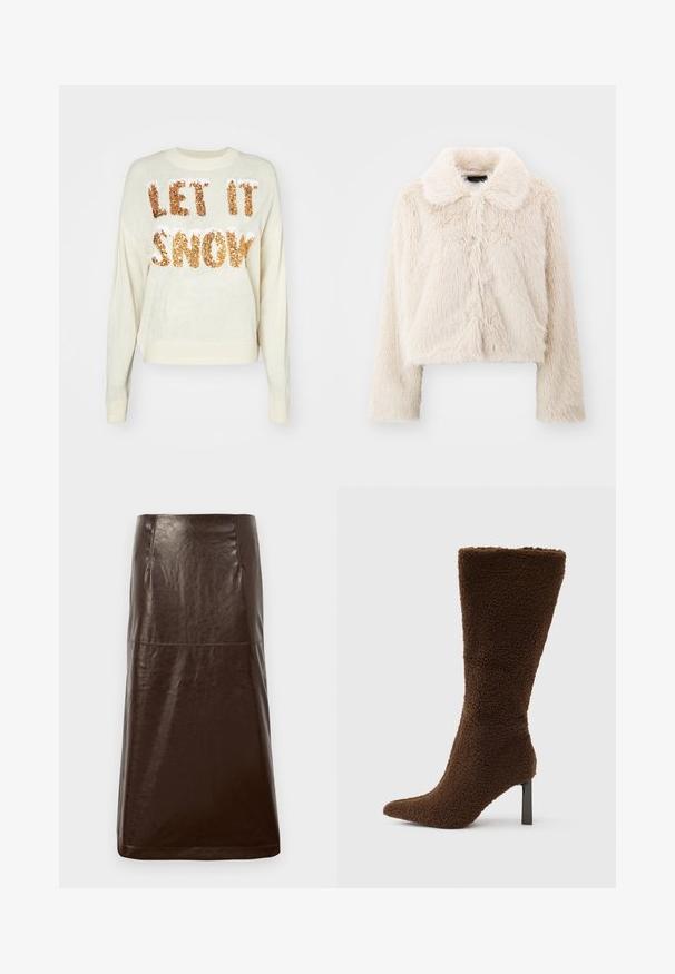Veste en fourrure coupée de couleur crème avec une finition douce et texturée. Présente un col classique et de longues manches, des coutures centrales à l'avant, et aucun système de fermeture visible.; Pull crème avec le texte "LAISSEZ NEIGER" en sequins dorés étincelants, doté d'un col rond et de poignets et d'un ourlet côtelés.; Jupe en cuir brun avec une texture lisse, une silhouette droite et un subtil éclat. Présente une coupe au genou et des détails de couture minimalistes.; Botte à talon marron avec un matériau texturé et duveteux. Présente un bout pointu et un talon carré étroit. Design vertical avec une tige haute.