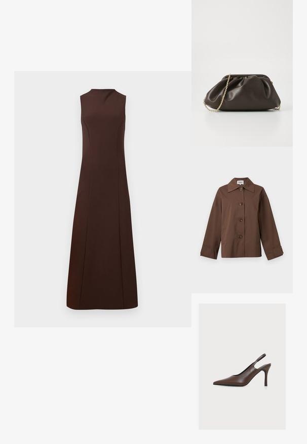 Chaqueta marrón abotonada con cuello amplio, mangas largas y dos bolsillos laterales, mostrada contra un fondo claro y liso.; Vestido marrón sin mangas con un escote alto, corpiño ajustado y falda acampanada. Hecho de una tela suave sin patrones visibles ni piezas de metal.; RAID ZIVA - Zapatos altos - brown; Bolso de mano de cuero marrón con un diseño fruncido, correa de cadena dorada y un acabado suave y texturizado. Forma compacta adecuada para uso nocturno.
