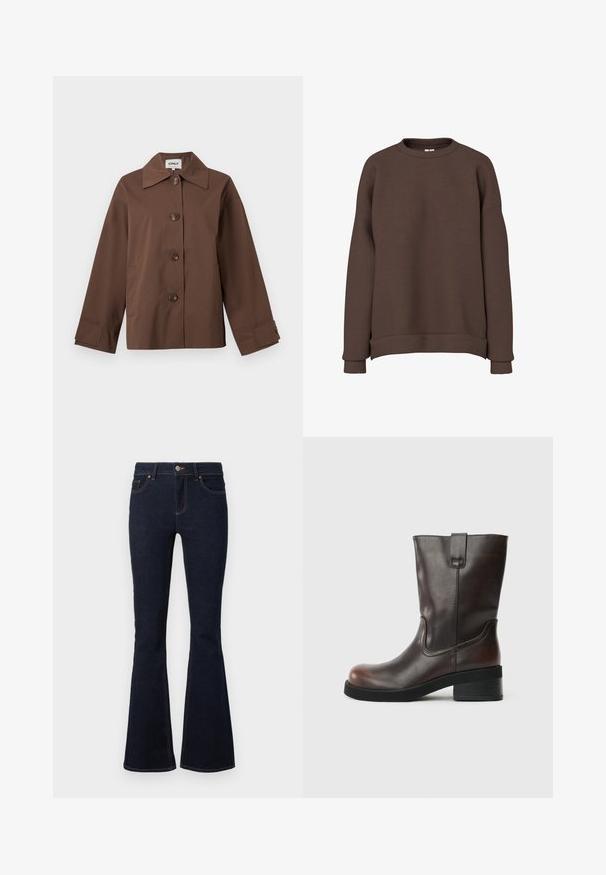 Veste marron boutonnée avec large col, manches longues et deux poches latérales, présentée sur un fond clair uni.; Sweat-shirt marron à manches longues avec col rond, poignets et ourlet côtelés, présenté sur fond blanc.; Jean évasé bleu marine en denim, avec une taille ajustée, un design classique à cinq poches et des coutures contrastantes le long des coutures.; Bottine en cuir marron avec un bout rond, un talon bloc de hauteur intermédiaire et des détails de couture subtils. Dispose d'une languette latérale pour un enfilage facile.