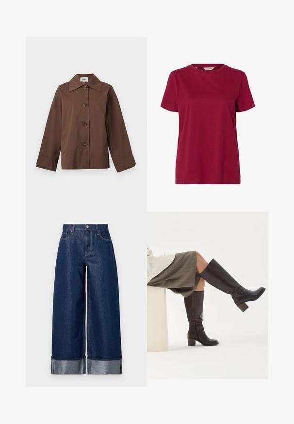 Brun jakke med knapper, bred krave, lange ærmer og to sidelommer, vist mod en ensartet lys baggrund.; Enkelt kortærmet t-shirt med rund hals i ensartet mørkerød farve, vist på hvid baggrund.; Vidbenede mørkeblå denimjeans med høj talje, fem-lomme design og opsmøgede kanter, der viser et lysere indre stof.; Person iført brune knæhøje læderstøvler med blokhæle, kombineret med et gråt ternet knælængde skørt, siddende med benene krydset.