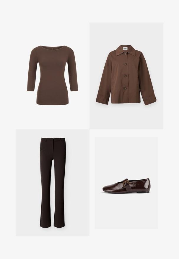Brun jakke med knapper, bred krave, lange ærmer og to sidelommer, vist mod en ensartet lys baggrund.; Brun langærmet top med rund halsudskæring, lavet af blødt materiale. Har et tætsiddende design og en glat tekstur.; Sorte, tætsiddende bukser med let flare, frontlynlås og bæltestropper, vist fladt på en hvid baggrund.; Mørkebrun laklædersko med stor guldlås og rund tå, vist i sideprofil på hvid baggrund.
