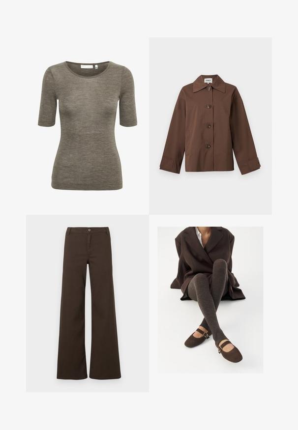 Braune Jacke mit Knopfleiste, weiter Kragen, langen Ärmeln und zwei Seitentaschen, vor hellem, neutralem Hintergrund gezeigt.; Braun kurzärmeliges T-Shirt aus weichem, strukturiertem Material mit Rundhalsausschnitt. Verfügt über ein dezentes Markenlogo nahe dem Saum.; Dunkelbraune, hochtaillierte, weit geschnittene Hose mit Knopfverschluss und Gürtelschlaufen, vor einem schlichten weißen Hintergrund präsentiert.; Braune gerippte Kniestrümpfe kombiniert mit braunen Wildleder-Mary-Jane-Schuhen mit einem dekorativen Riemen und einer Schnalle, getragen mit einem dunklen Mantel.