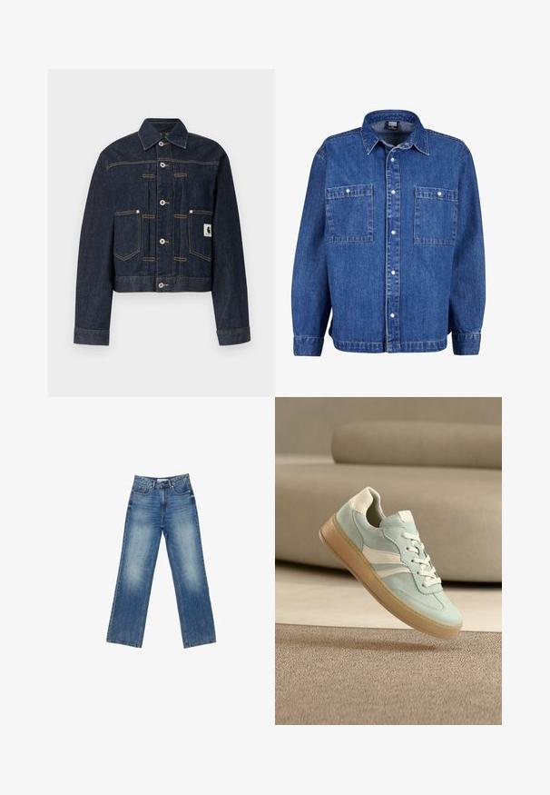 Dunkelblaue Jeansjacke mit Knopfleiste, zwei Vorderentaschen, sichtbaren Kontrastnähten und einem kleinen quadratischen Logo-Patch auf der rechten Tasche.; Denimjacke in Mittelblau mit langen Ärmeln, durchgehender Knopfleiste und zwei Brusttaschen. Verfügt über einen klassischen Kragen und einen lässigen Schnitt.; Helle Denim-Hosen mit weitem Bein und einem verwaschenen Finish, fünf Taschen, sichtbaren Nähten, Knopf- und Reißverschluss sowie geradem Schnitt.; Hellblauer und beiger Freizeitschuh mit weißen Schnürsenkeln und dicker Gummisohle, schwebt über einem beigen Teppichboden und einem Couch-Hintergrund.