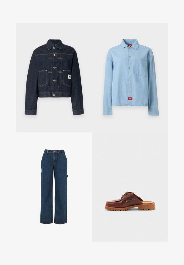 Tummansininen farkkutakki, jossa napillinen etuosio, kaksi etutaskua, näkyvä kontrastikkainstitöinti ja pieni neliönmuotoinen logoplässi oikeassa taskussa.; Vaaleansininen denim-paita, jossa pitkät hihat, edessä napit, yksi rintatasku ja punainen logolapun tavainen lähellä alareunaa.; Tummansinisen denimin väriset cargo-housut, joissa on korkea vyötärö, leveät lahkeet ja sivutaskut. Korostettu näkyvillä saumoilla ja metallisilla yksityiskohdilla.; Ruskeat nahkakengät, joissa on mokkasin tyyli, koristeelliset nauhat, kultaiset nyörit ja kuvioitu kumipohja.