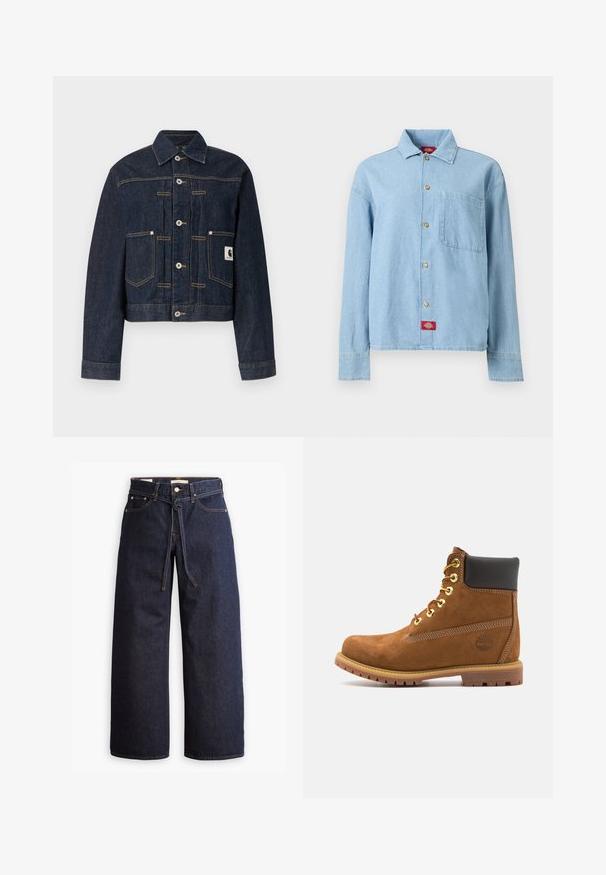 Mørkeblå denimjakke med knaplukning foran, to forlommer, synlige kontrastsømme og et lille firkantet logo-patch på højre lomme.; Lyseblå denimskjorte med lange ærmer, knapper foran, en brystlomme og en rød logomærkat nær den nederste kant.; Bredde ben mørkeblå denim jeans med høj talje, der har snoretræk, fem lommer og kontrastsyet detaljer.; Brun ruskinds ankelstøvle med sort polstret krave, gyldne øjer, snørebånd foran og gummisål med et struktureret mønster.