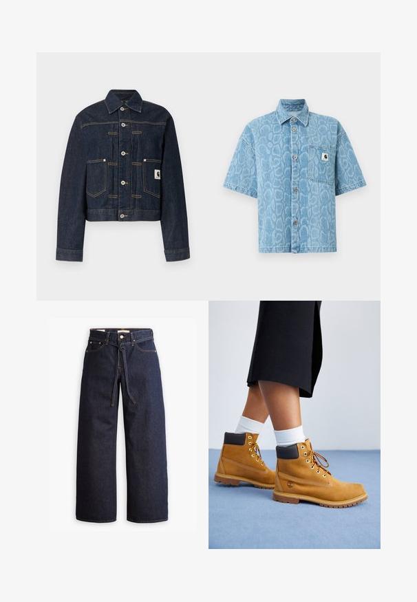 Mørkeblå denimjakke med knaplukning foran, to forlommer, synlige kontrastsømme og et lille firkantet logo-patch på højre lomme.; Kortærmet denimskjorte i lyseblå med et struktureret dyreprint, med knaplukning foran og en enkelt brystlomme.; Bredde ben mørkeblå denim jeans med høj talje, der har snoretræk, fem lommer og kontrastsyet detaljer.; Tan ruskindsankelstøvler med brune læderdetaljer, guldøjer og en struktureret sål. Hvide sokker synlige over støvlerne.