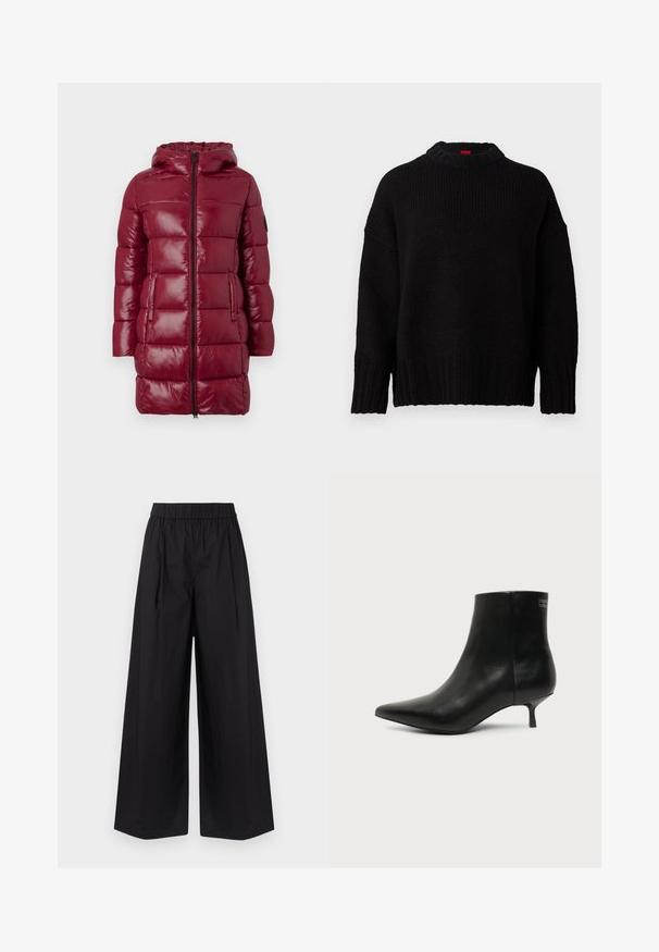 Abrigo de invierno acolchado largo en color burdeos con capucha, cremallera frontal, dos bolsillos laterales y patrón de costura acolchada sobre un fondo liso.; Suéter negro de punto con un cuello alto y acanalado. Corte holgado con hombros caídos y puños acanalados. Textura suave y diseño relajado.; Pantalones de pierna ancha negros, hechos de una tela suave, con una cintura elástica y sin bolsillos ni detalles de hardware visibles.; Botín de piel negra con puntera puntiaguda y tacón bajo estilo kitten sobre fondo claro, mostrando vista lateral exterior.