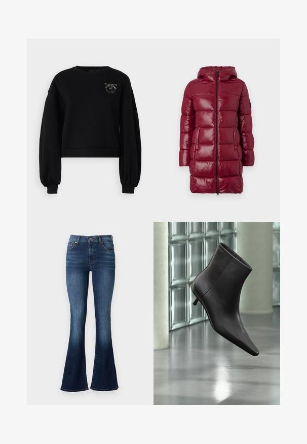 Langer, weinroter, gepolsterter Wintermantel mit Kapuze, Frontreißverschluss, zwei seitlichen Taschen und gestepptem Muster vor einem einfarbigen Hintergrund.; Schwarzer, verkürzter Sweatshirt mit langen, puffartigen Ärmeln. Mit einem strukturierten Logo-Akzent verziert, der mit metallischen Verzierungen auf der Brust geschmückt ist.; Blaue, aus Denim gefertigte Schlagjeans. Sie verfügen über eine hohe Taille, fünf Taschen und eine dezente Ausbleichung am Saum. Die Nähte sind in einer kontrastierenden Farbe.; Schwarzer Leder-Knöchelstiefel mit spitzer Spitze und kleinem Absatz vor einer Wand aus Glasbausteinen und einem polierten Boden.