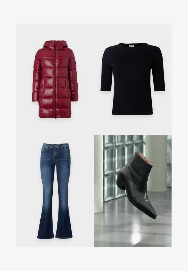Lang, bordeauxfarvet, polstret vinterfrakke med hætte, lynlås foran, to sidelommer og kassettesøm-design mod en ensfarvet baggrund.; Sort ribbet t-shirt med rund halsudskæring og trekvart ærmer. Stoffet har en glat tekstur og lige kant. Ingen synlig branding.; Blå flagrende jeans lavet af denim. Har høj talje, fem lommer og subtil falmning nær kanten. Syninger i en kontrastfarve.; Sort læderankelstøvle med spids tå og blokhæl, der svæver over en reflekterende grå gulv nær en væg af glasblokke.