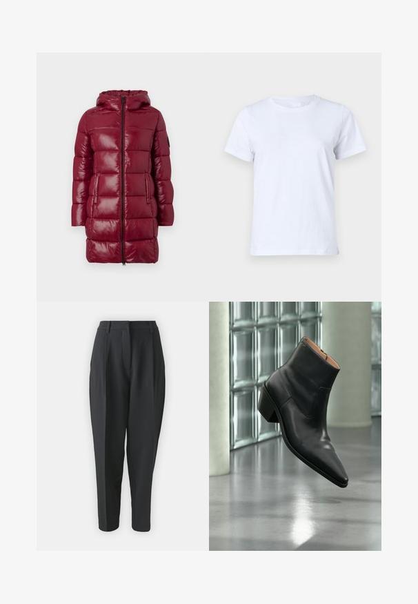 Lang, bordeauxfarvet, polstret vinterfrakke med hætte, lynlås foran, to sidelommer og kassettesøm-design mod en ensfarvet baggrund.; Hvid bomulds T-shirt, korte ærmer, klassisk crew neck design, ensartet tekstur uden mønstre eller accenter, standard pasform, enkel og alsidig.; Sorte skræddersyede bukser med høj talje, plisseringer og indsnævret ben. Glat stof uden synlige mønstre eller udsmykninger.; Sort læderankelstøvle med spids tå og blokhæl, der svæver over en reflekterende grå gulv nær en væg af glasblokke.