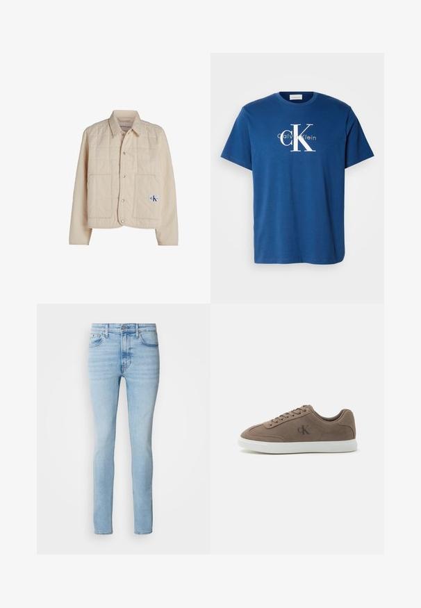 Beige gesteppte Jacke mit Knopfverschluss, spitzem Kragen und zwei großen Taschen. Mit Logo-Patch auf der unteren rechten Seite.; Blaues Baumwoll-T-Shirt mit rundem Ausschnitt, kurzen Ärmeln und einem weißen "CK"-Logo mit dem Text "Calvin Klein" in kontrastierendem Hellgrün darunter.; Calvin Klein Jeans Jeans Skinny Fit - arrow stone; Taupefarbener Wildleder-Low-Top-Sneaker mit beigen Schnürsenkeln, weißer Gummisohle und dezentem "cK"-Logo an der Seite.