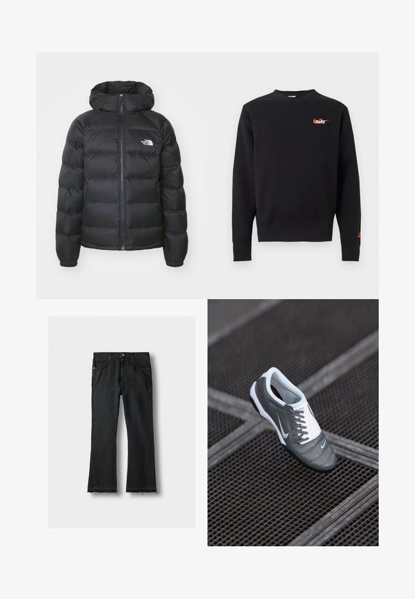 Schwarze Pufferjacke mit Kapuze, ausgestattet mit einem Reißverschluss vorne, elastischen Bündchen und einem Logo auf der linken Brust. Die gesteppte Textur verbessert die Isolierung.; Schwarzes Sweatshirt mit langen Ärmeln und Rundhalsausschnitt mit kleinem orangefarbenem Nike-Logo auf der linken Brust und am Ärmelbündchen.; Schwarze Denim-Jeans mit geraden Beinen, Fronttaschen und rohen, ausgefransten Säumen, flach auf einem hellen Hintergrund liegend.; Grauer Sportschuh mit einer glatten Oberflächenstruktur, weißen Akzenten, auffälligen Schnürsenkeln und einer schwarzen Gummisohle, mit einem kleinen Logo an der Seite.