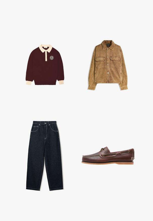 Bruine corduroyjas met knoopsluiting aan de voorkant, twee borstzakken en een puntige kraag. Voorzien van ribbelstructuur en verstelbare manchetten.; Bordeaux lange mouwen polo shirt met een crèmekleurige kraag en manchet, knoopsluiting en een cirkelvormig "Prohibited Berlin" logo op de linkerkant van de borst.; Wijdbenige, donkerblauwe spijkerbroek met contrasterende witte stiksels, vijf zakken en een knoopsluiting. Voorzien van een hoge taille.; Bruine leren bootschoen met witte stiksels, veterdetails en beige rubberen zool, zijaanzicht op een witte achtergrond.