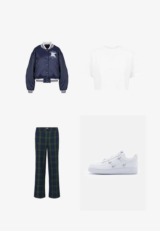 Veste bomber en satin bleu marine avec col et poignets côtelés blancs à rayures, boutons-pression à l'avant, deux poches et texte et logo brodés décoratifs.; T-shirt blanche raccourcie, à manches courtes, col rond, en tissu lisse, sans motifs visibles ni quincaillerie distincte.; Pantalons à carreaux verts et bleu marine avec une coupe droite et une taille élastique. Le tissu a une texture douce, avec un motif à carreaux classique.; Nike Sportswear AIR FORCE 1 - Baskets basses - white/hyper royal/black
