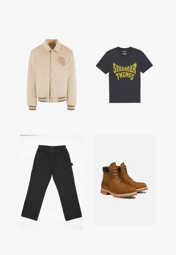 Beige suède bomberjack met een kraag, drukknoopsluiting en geborduurd logo op de borst. Ribgebreide manchetten en zoom in contrasterende bruine strepen.; Donkergrijs katoenen T-shirt met een gele, vlamstijlige "STRANGER THINGS"-grafiek op de voorkant. Korte mouwen en een ronde hals.; Zwarte denim broek met een rechte pijpdesign, voorzien van een knoopsluiting aan de voorkant, achterzakken en een zijvak voor cargo.; Bruine suède enkellaarsjes met een gevoerde zwarte kraag, gouden oogjes en een dikke rubberen zool met een profielpatroon voor grip.