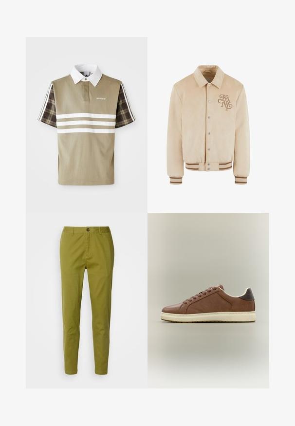 Beige suede bomberjakke med krave, trykknapper og broderet logo på brystet. Ribkanter og kant i kontrasterende brune striber.; Polo skjorte i olivengrøn med hvide striber og et ternet mønster på de korte ærmer. Har en hvid krave og logo på brystet.; Olivengrønne, slim-fit bukser lavet af bomuld med en glat tekstur. Har en knaplukning, bæltestropper og sidelommer.; Brun lavtopet lædersneaker med cremefarvet gummisål og mørkebrun hælfane, snørelukning på siden, på neutral baggrund.