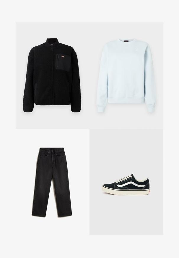 Schwarze Fleecejacke mit rundem Kragen, Reißverschluss vorne und einer Brusttasche. Verfügt über eine weiche, strukturierte Oberfläche und elastische Bündchen.; Hellblaue Crewneck-Sweatshirt mit langen Ärmeln und kleinem weißen Jordan Jumpman-Logo auf der linken Brust.; Vans SIRELLE 5 POCKET PUDDLE TROUSERS, - Jeans Straight Leg - black; Schwarzer Sneaker mit niedrigem Schaft, weißem Seitenstreifen, weißen Schnürsenkeln und cremefarbener Sohle vor hellgrauem Hintergrund.