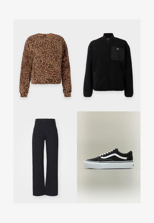Veste en polaire noire avec un col rond, fermeture éclair sur le devant et une poche sur la poitrine. Présente une surface douce et texturée ainsi que des poignets élastiques.; Sweatshirt à motif léopard dans des tons de marron et de noir. Fabriqué en tissu doux, il possède un col rond et des manches longues avec des poignets côtelés.; Jeans noirs taille haute à jambes larges avec fermeture à bouton et zip à l'avant, passants de ceinture et deux poches avant sur fond blanc.; Baskets basses noires avec bande blanche latérale, lacets blancs, semelle en caoutchouc blanche et bout texturé sur fond neutre.