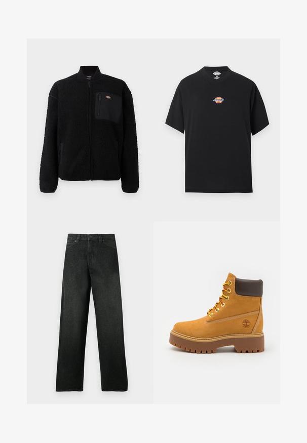 Sort fleecejakke med rund krave, lynlås foran og brystlomme. Har en blød, tekstureret overflade og elastiske manchetter.; Sort kortærmet t-shirt med en lille farverig Dickies-logo centreret på brystet og rund hals.; Sorte denimjeans med lige ben, forlommer og bæltestropper, knap- og lynlåslukning, vist på en ensfarvet baggrund.; Tan vandtæt ankelstøvle med en robust gummisål, rund tå, brun læderkrave, gule snørebånd og et logo på siden.