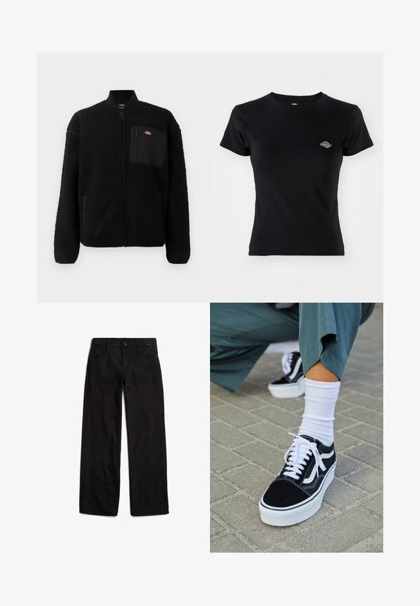 Sort fleecejakke med rund krave, lynlås foran og brystlomme. Har en blød, tekstureret overflade og elastiske manchetter.; Sort ribbet T-shirt med rund halsudskæring og korte ærmer, med et lille broderet logo på venstre brystområde.; Sorte denimbukser med lige ben, frontlukning med knap og fem lommer. Glat tekstur og minimale syninger.; Sorte ruskinds sneakers med hvide accenter og snørebånd, der har en tyk hvid sål og kontrasterende syninger, parret med en hvid sok.