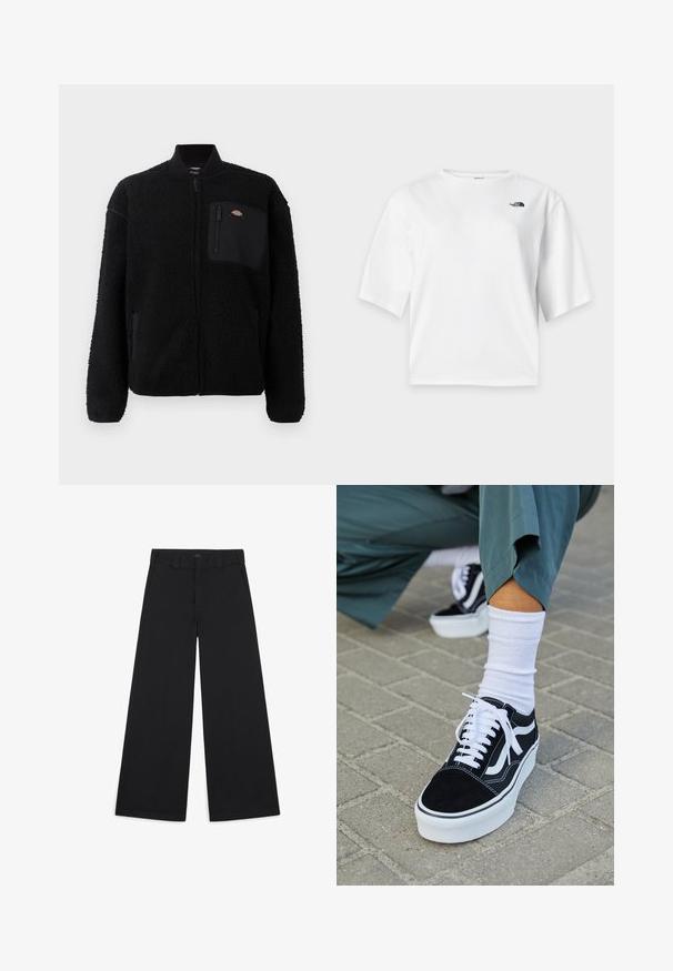 Μαύρο fleece μπουφάν με στρογγυλό γιακά, φερμουάρ μπροστά και τσέπη στο στήθος. Διαθέτει μαλακή, υφασμένη επιφάνεια και ελαστικές μανσέτες.; Λευκό κοντομάνικο T-shirt με στρογγυλή λαιμόκοψη και μαύρο λογότυπο The North Face στο αριστερό στήθος.; Φαρδιά παντελόνια σε μαύρο χρώμα, κατασκευασμένα από μαλακό, υφαντό ύφασμα. Διαθέτουν πιεσμένα πλαίσια, θηλιές ζώνης και καθαρή, κομψή φινέτσα.; Μαύρο σουέτ sneaker με λευκές λεπτομέρειες και κορδόνια, με παχύ λευκό πάτο και αντίθετη ραφή, συνοδευόμενο από λευκή κάλτσα.