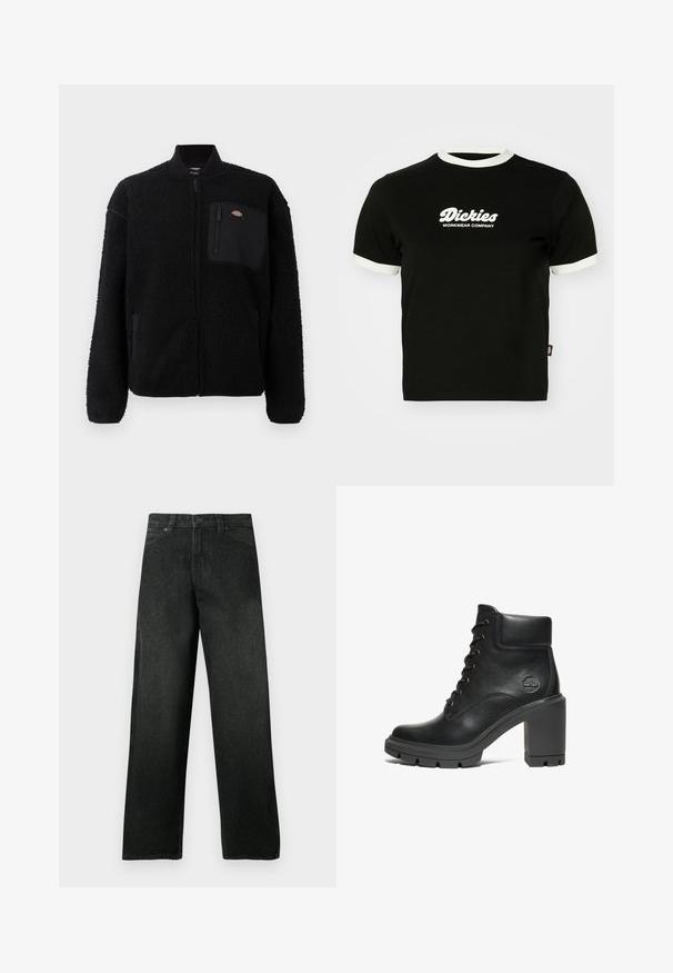 Sort fleecejakke med rund krave, lynlås foran og brystlomme. Har en blød, tekstureret overflade og elastiske manchetter.; Sort bomulds t-shirt med hvid ribbet halsudskæring og ærmekanter. Har hvidt logo-tekst på forsiden: "Dickies Workwear Company." Korte ærmer.; Sorte denimjeans med lige ben, forlommer og bæltestropper, knap- og lynlåslukning, vist på en ensfarvet baggrund.; Sort læder ankelstøvle med en kraftig hæl, snørebåndsdesign og struktureret gummisål; har et lille præget logo på siden.