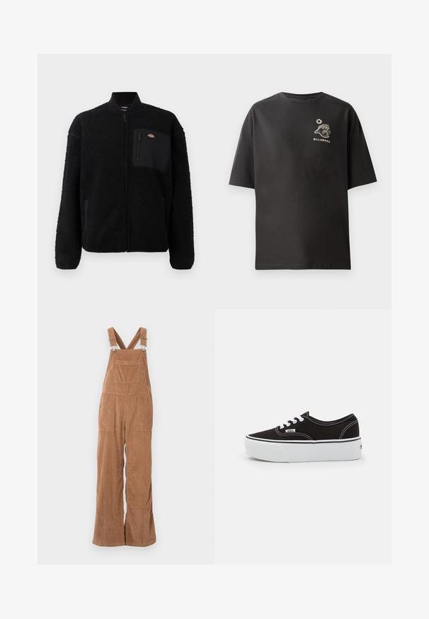 Schwarze Fleecejacke mit rundem Kragen, Reißverschluss vorne und einer Brusttasche. Verfügt über eine weiche, strukturierte Oberfläche und elastische Bündchen.; Schwarzes T-Shirt mit kurzen Ärmeln, das ein kleines weißes Billabong-Logo und eine Grafik auf der Brust zeigt. Hergestellt aus weichem Baumwollmaterial mit einem lässigen Schnitt.; Braune Corduroy-Latzhosen mit weitem Bein, verstellbaren Trägern und Vordertasche. Weiche Textur mit vertikalem Rippmuster.; Schwarze Leinensneaker mit einer weißen Gummiplattformsohle, weißen Schnürsenkeln und Nähten, ikonischer Markenaufdruck an der Seite, im Low-Top-Design.