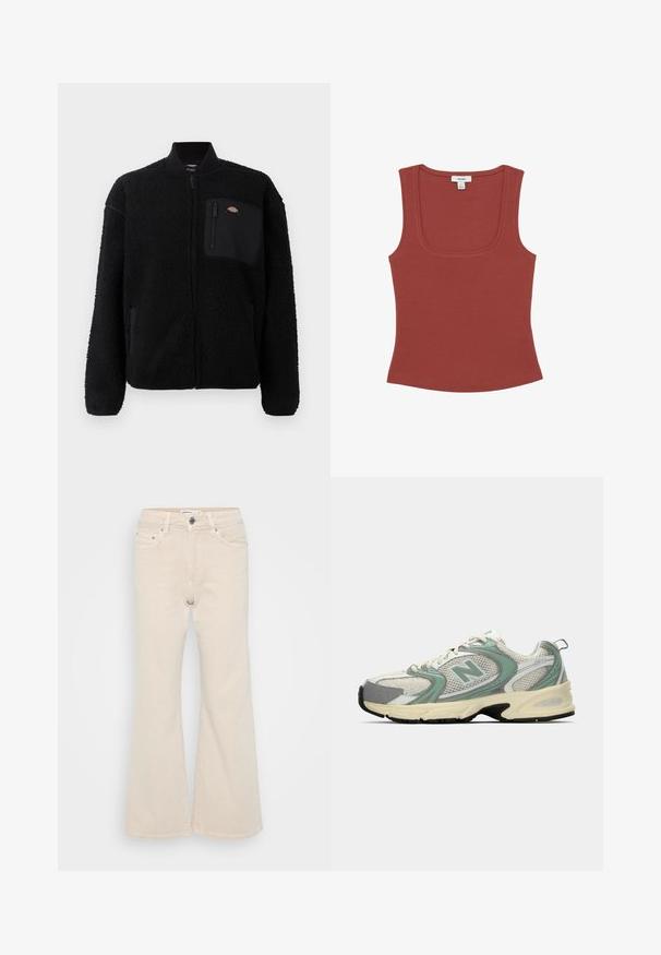 Veste en polaire noire avec un col rond, fermeture éclair sur le devant et une poche sur la poitrine. Présente une surface douce et texturée ainsi que des poignets élastiques.; Débardeur sans manches côtelé de couleur rouille avec un col en U, un ourlet droit et une petite étiquette de marque blanche à l'intérieur du col.; Jean large beige en denim, doté d'une fermeture à bouton et zip, d'un design à cinq poches et de détails de couture subtils.; Baskets de sport New Balance blanches et vert clair en tissu en maille, avec une semelle beige et un semelle noire, présentées de côté sur un fond uni.