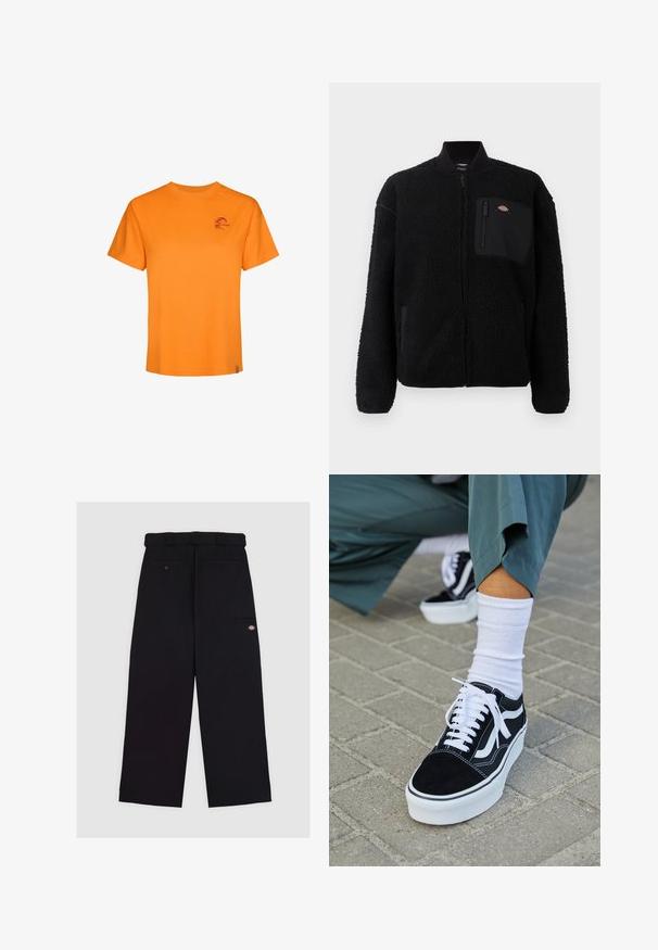 Μαύρο fleece μπουφάν με στρογγυλό γιακά, φερμουάρ μπροστά και τσέπη στο στήθος. Διαθέτει μαλακή, υφασμένη επιφάνεια και ελαστικές μανσέτες.; Πορτοκαλί βαμβακερό μπλουζάκι με κοντά μανίκια, στρογγυλή λαιμόκοψη και μικρό μωβ λογότυπο στο αριστερό στήθος. Λείο ύφασμα, άνετη εφαρμογή.; Μαύρο παντελόνι κατασκευασμένο από ύφασμα με ομαλή υφή. Διαθέτει ίσια γραμμή, μέση με θηλιές ζώνης και πολλαπλές τσέπες.; Μαύρο σουέτ sneaker με λευκές λεπτομέρειες και κορδόνια, με παχύ λευκό πάτο και αντίθετη ραφή, συνοδευόμενο από λευκή κάλτσα.